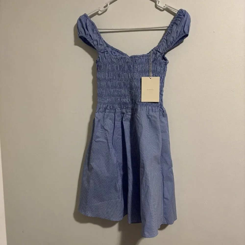 Faithfull The Brand Blue White Gingham Checked Mini Dress Size 2 New with tags - Picture 1 of 6